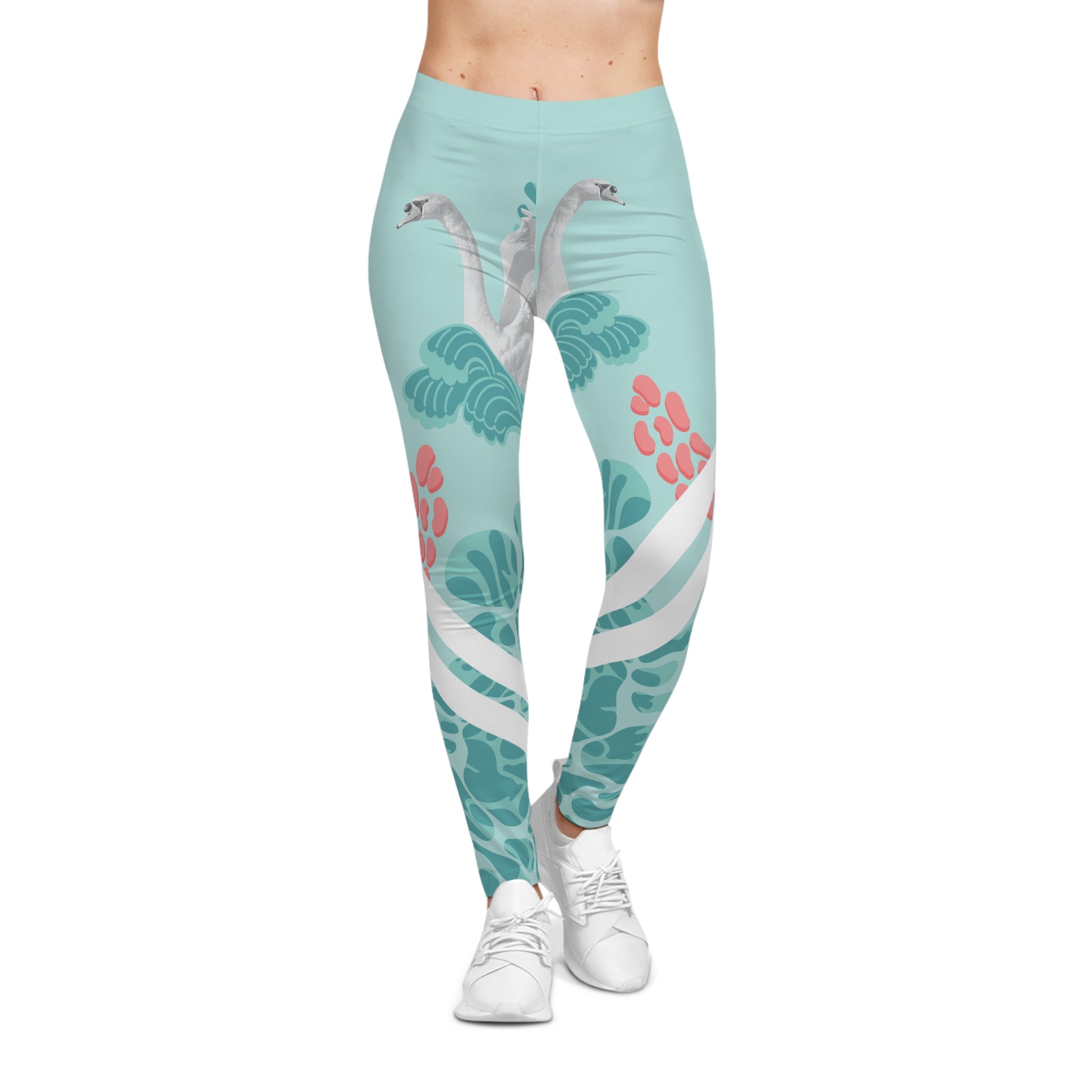 Stylish Floral Leggings with Swans - Women's Casual Activewear